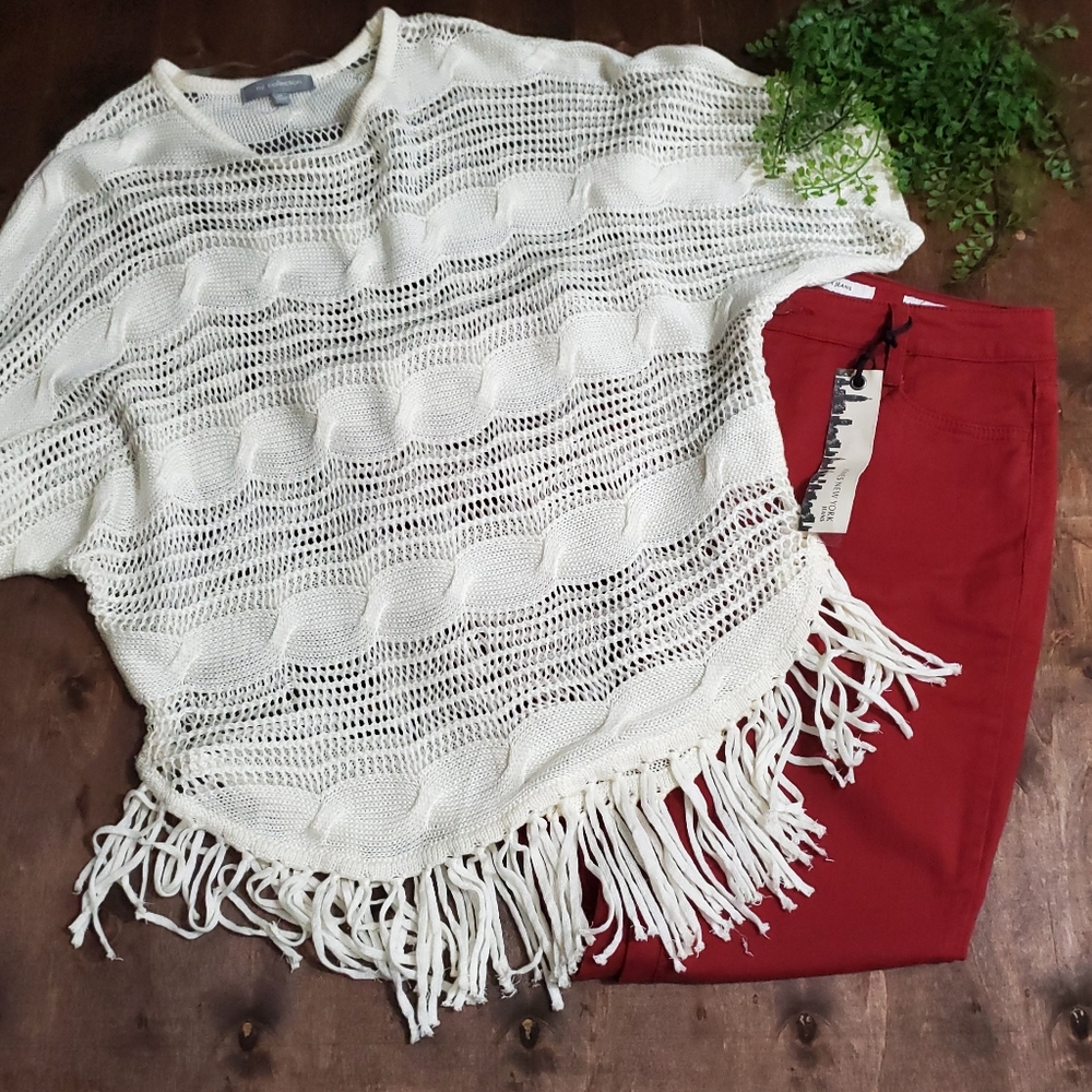 NY Collection Fringed Open Knit Short Sleeve Top